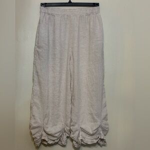 Paper Lace 100% Linen Bloomers Pants S   Boho Lagenlook Ruffle Hem Cropped Sand